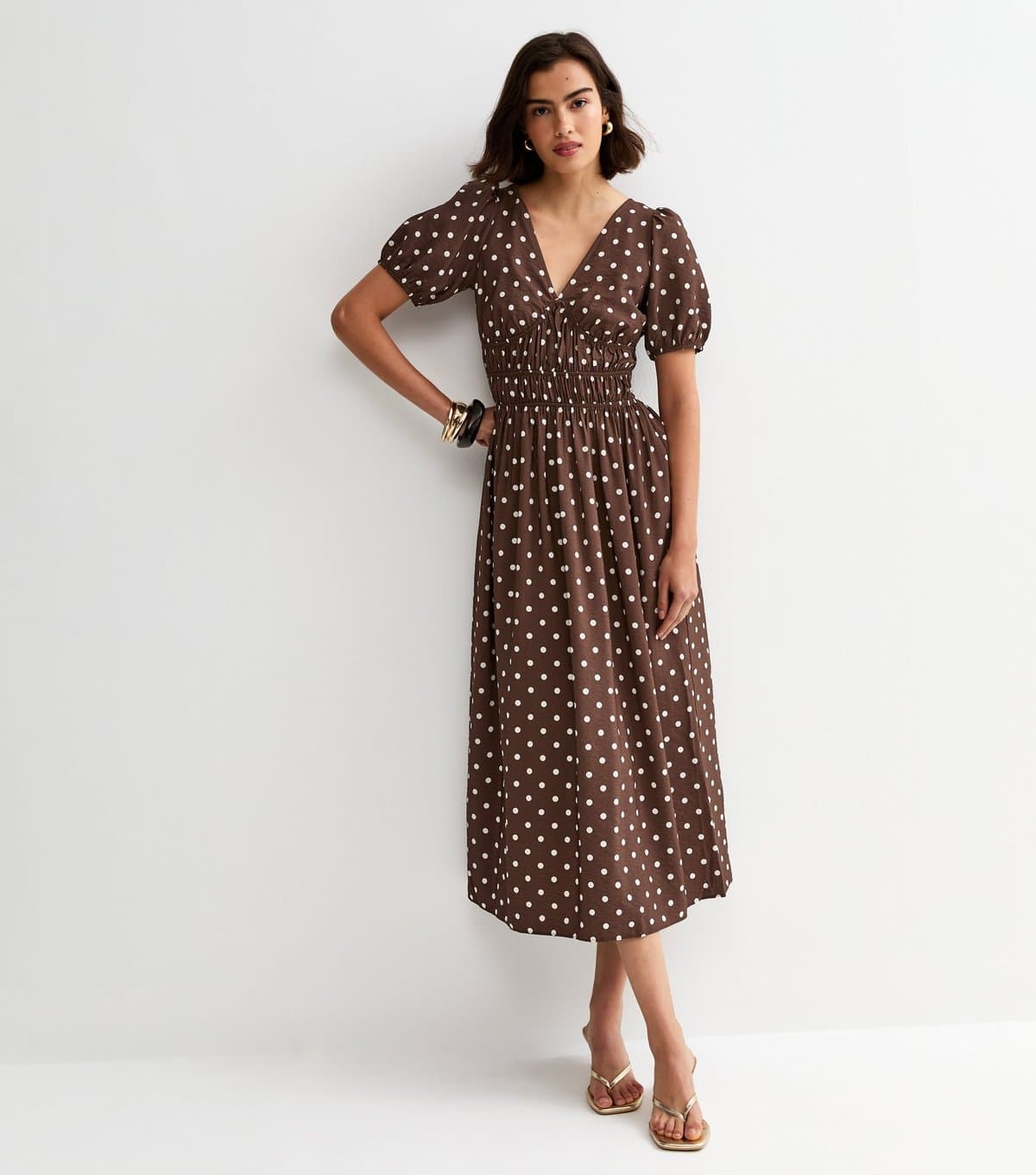 New Look Women's Brown Polka Dot Ruched Waist Midi Dress New Look