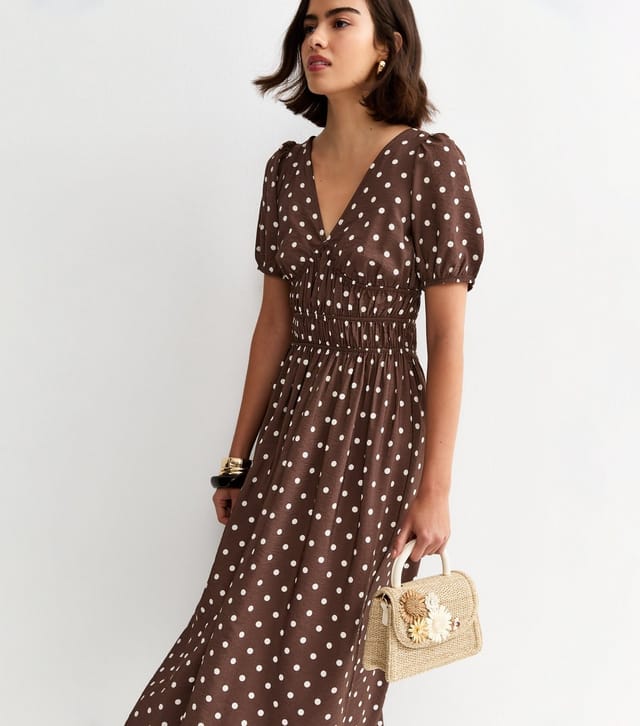 New Look Women's Brown Polka Dot Ruched Waist Midi Dress New Look - 3