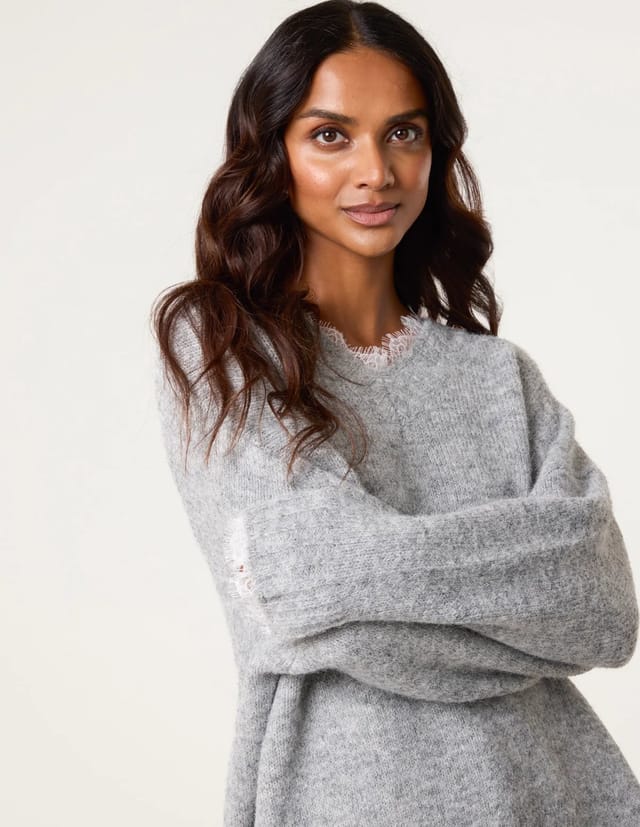 Blue Vanilla Lace Trim V Neck Jumper - 2