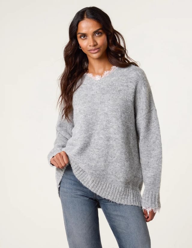 Blue Vanilla Lace Trim V Neck Jumper - 3