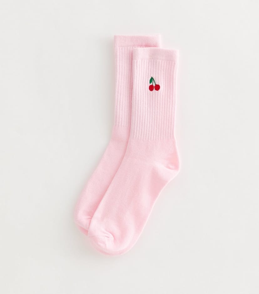 New Look Pink Cotton Rich Cherry Embroidered Ribbed Tube Socks New Look - 1