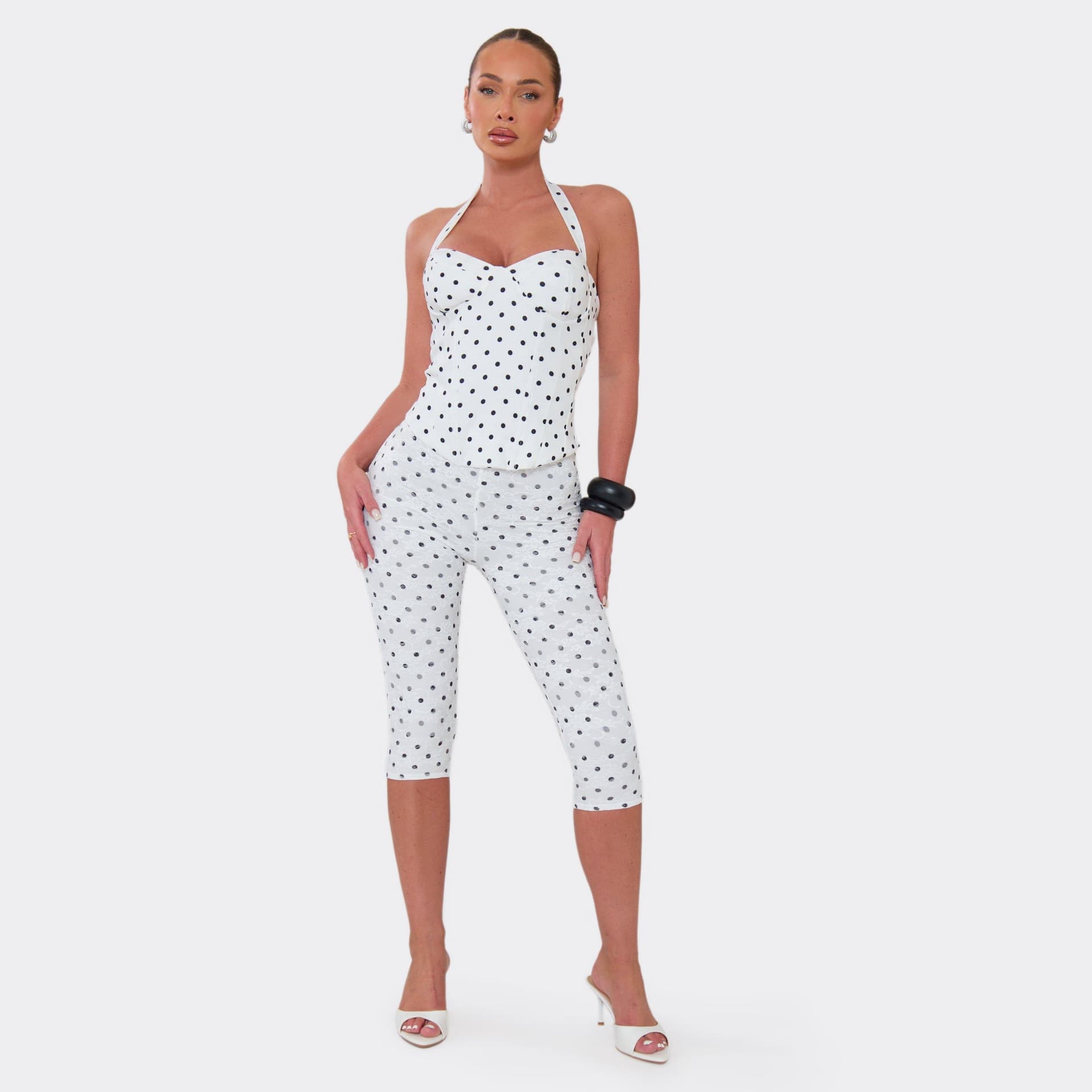 EGO Mid Rise Capri Trousers In White Polka Dot Lace, Women's Size UK 4
