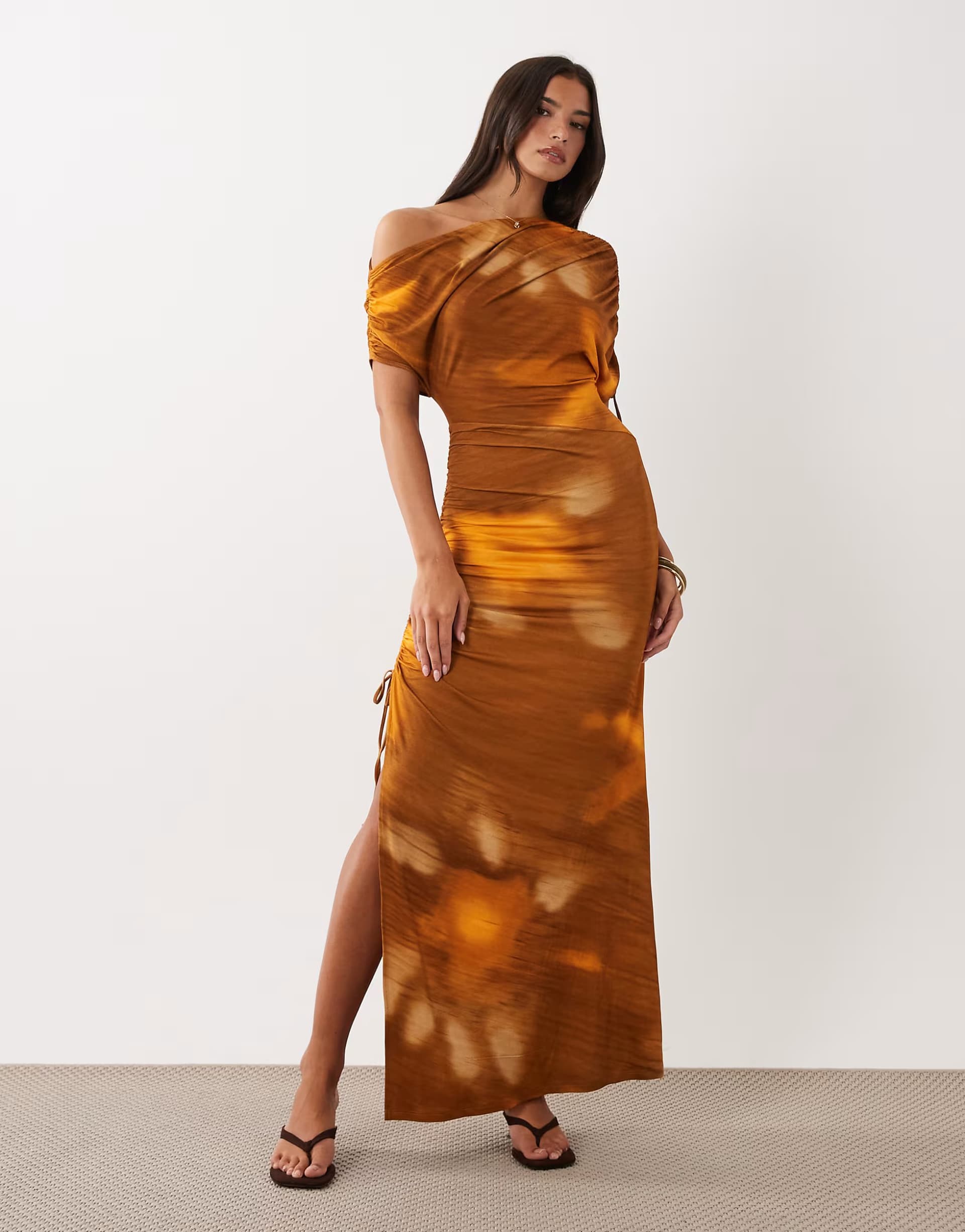 ASOS ASOS DESIGN off shoulder tie detail midaxi  in orange abstract print