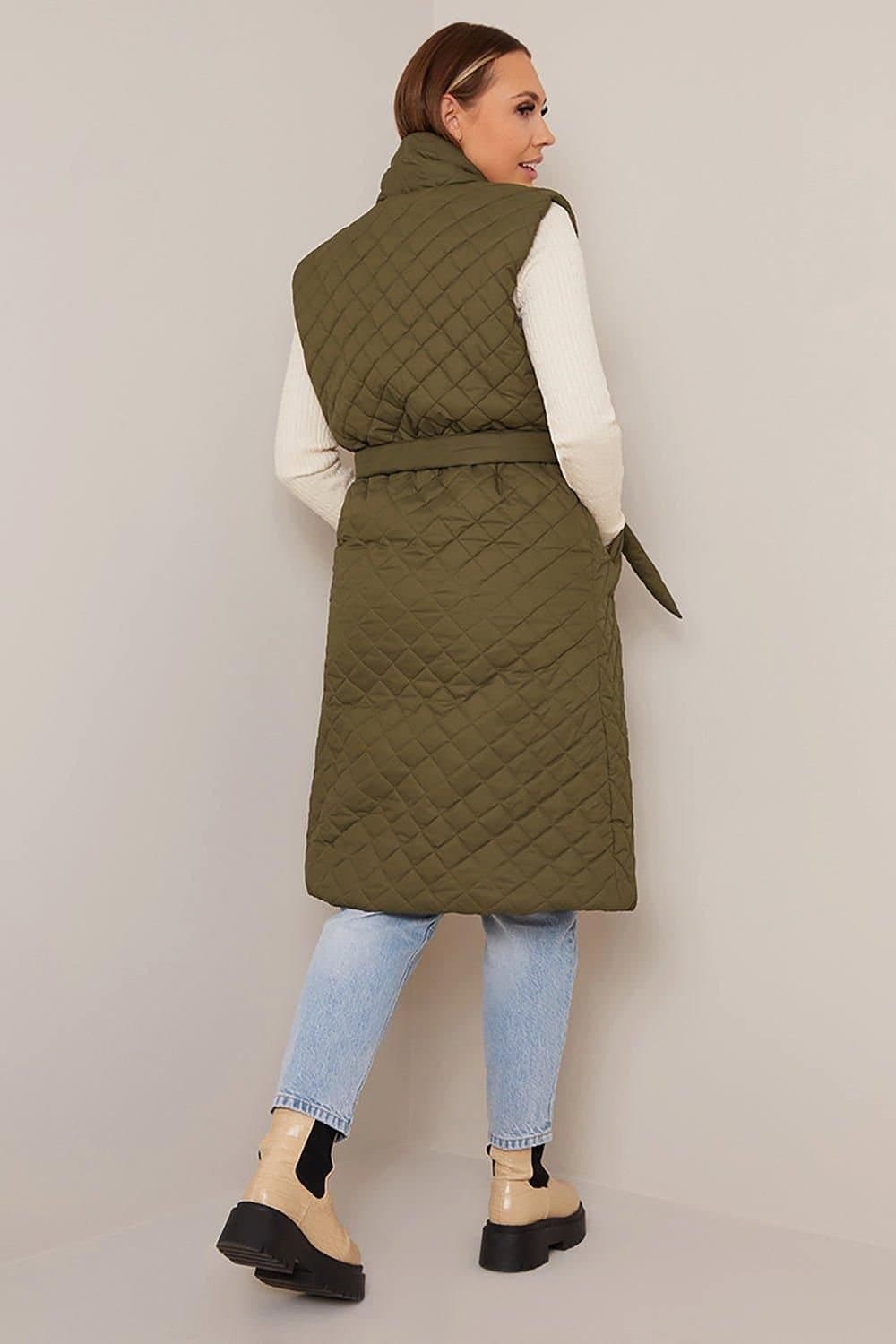 chi chi london Chi Chi London Women's Diamond Quilted Longline Belted Gilet in Khaki