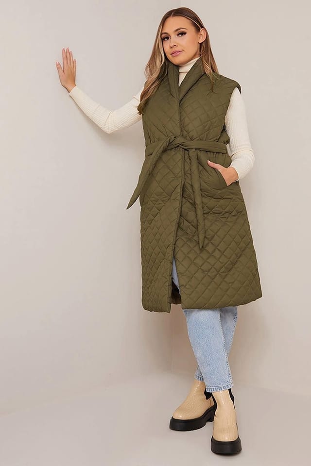 chi chi london Chi Chi London Women's Diamond Quilted Longline Belted Gilet in Khaki - 2