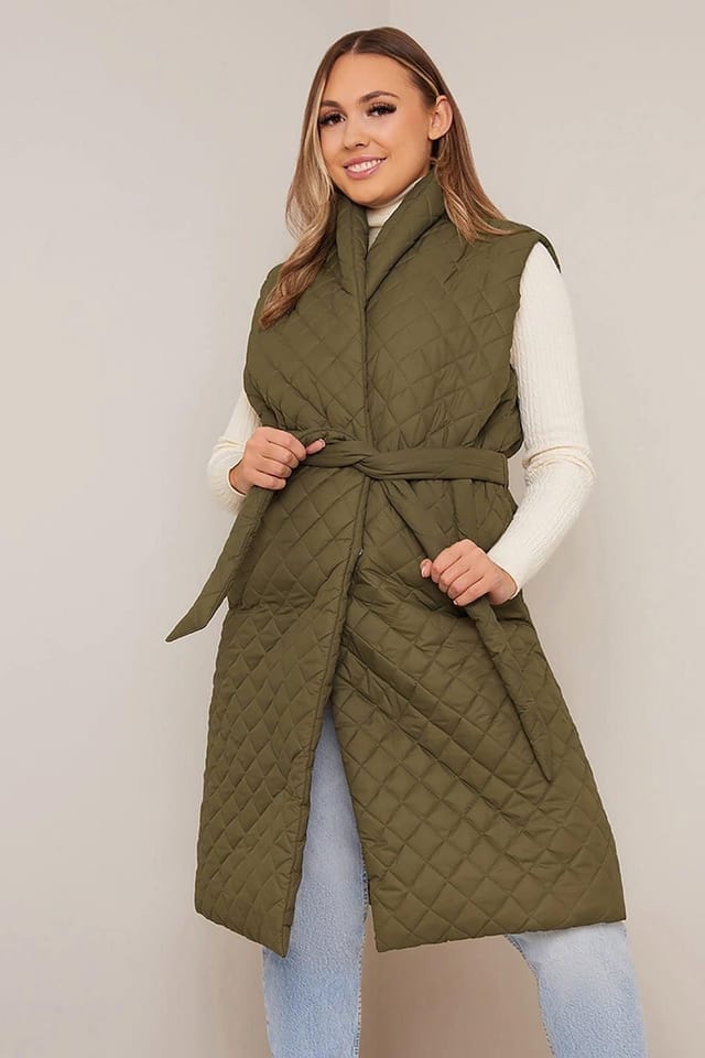 chi chi london Chi Chi London Women's Diamond Quilted Longline Belted Gilet in Khaki - 3