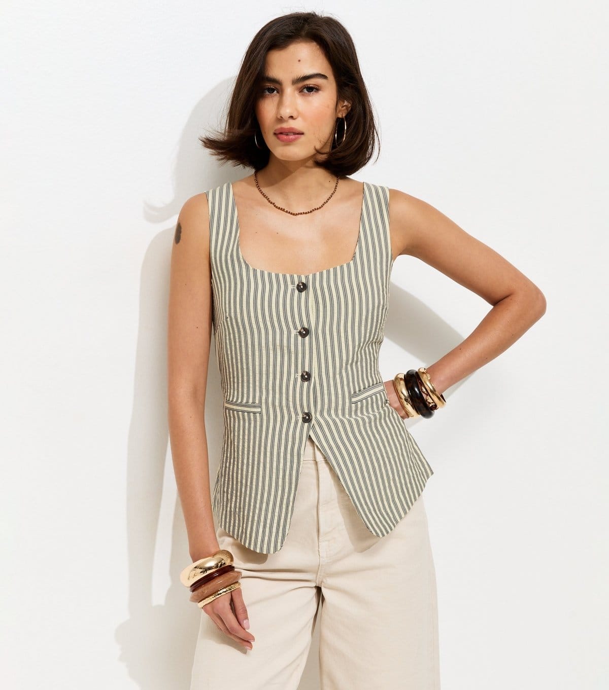 New Look Women's Cream Striped Button Front Waistcoat New Look - 3