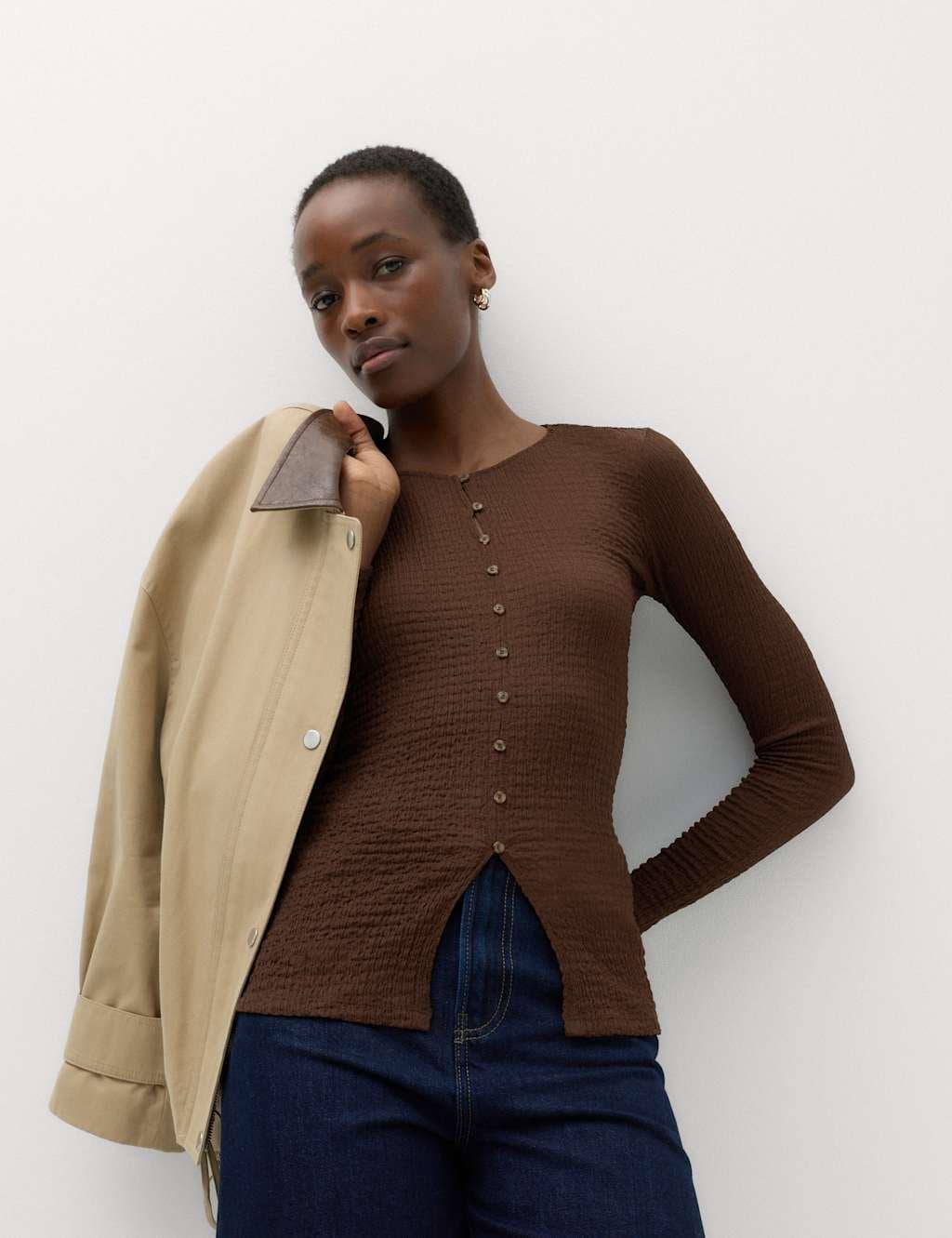 Marks & Spencer M&S Chocolate Textured Button Detail Long Sleeve Top