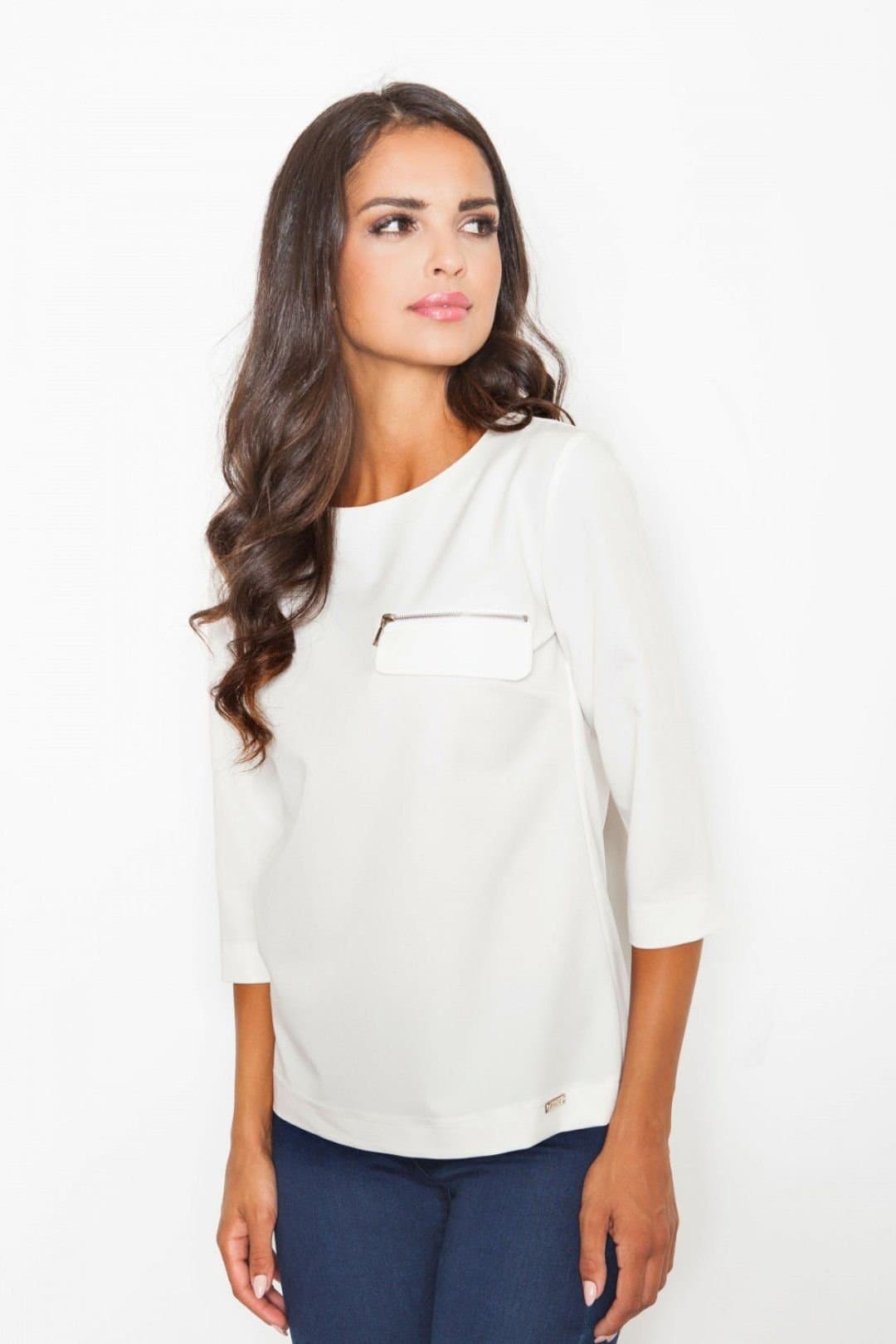 Love Lace Love Lace Women's Loose Fit Boat Neck Blouse with Zip Pocket in White