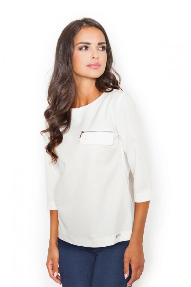 Love Lace Love Lace Women's Loose Fit Boat Neck Blouse with Zip Pocket in White - 2