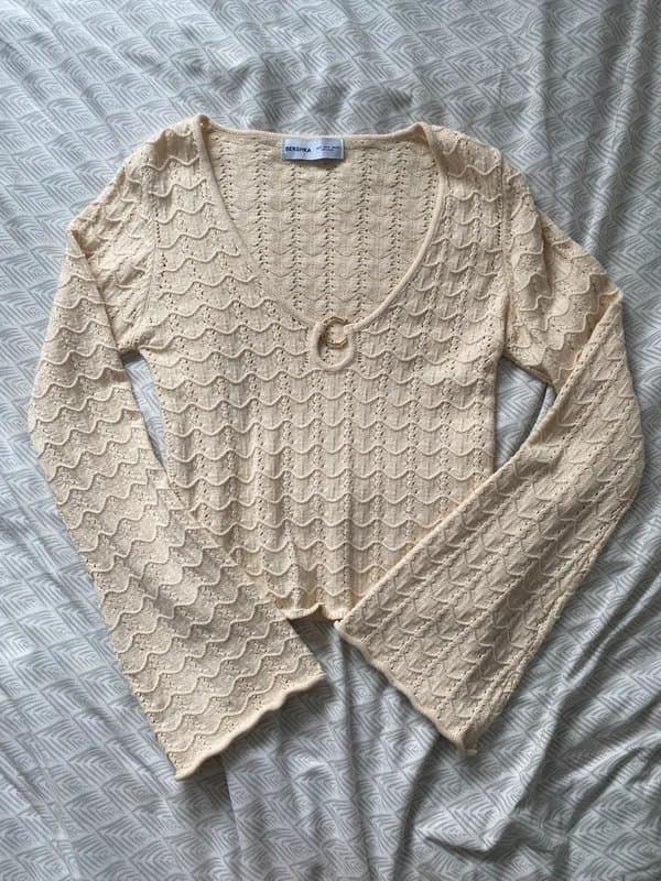 Bershka Bershka cream floaty crochet long sleeve beach boho style top