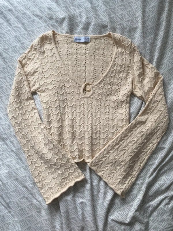 Bershka Cream Crochet Long Sleeve Top