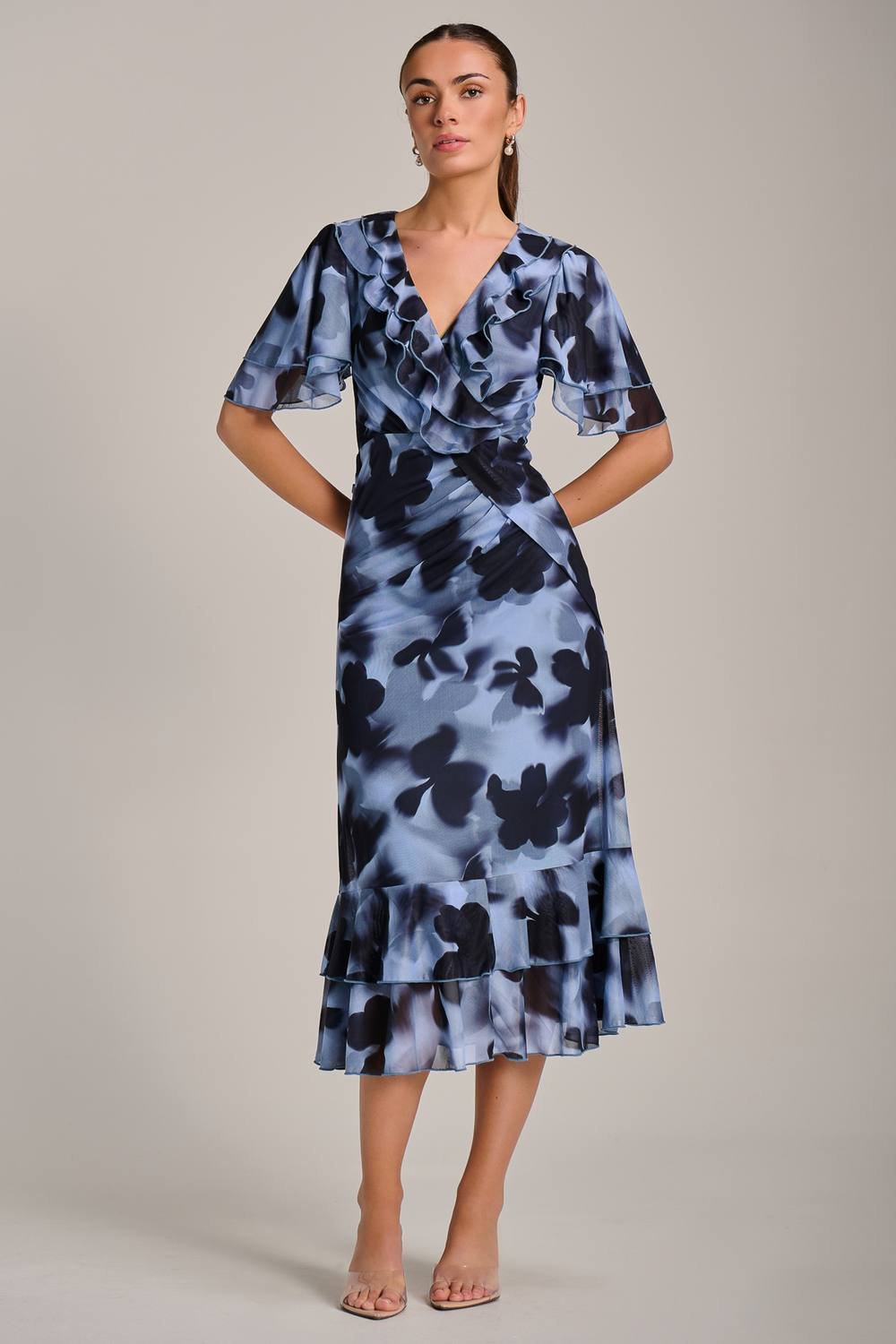 Jolie Moi Jolie Moi Women's Ruffle Detail Ruched Mesh Midi Dress in Blue - 4