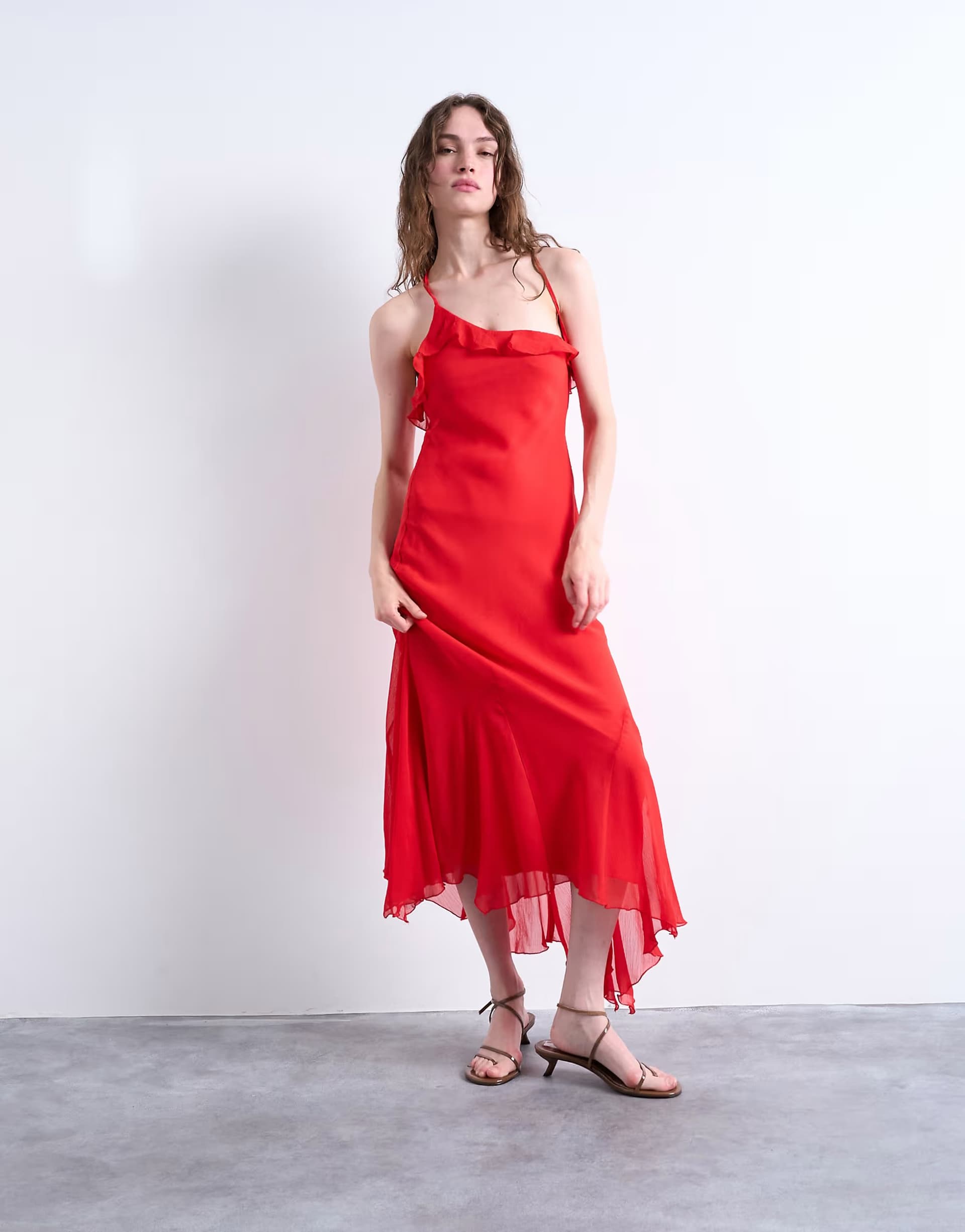 ASOS Topshop godet hem occasion midi dress in red chiffon
