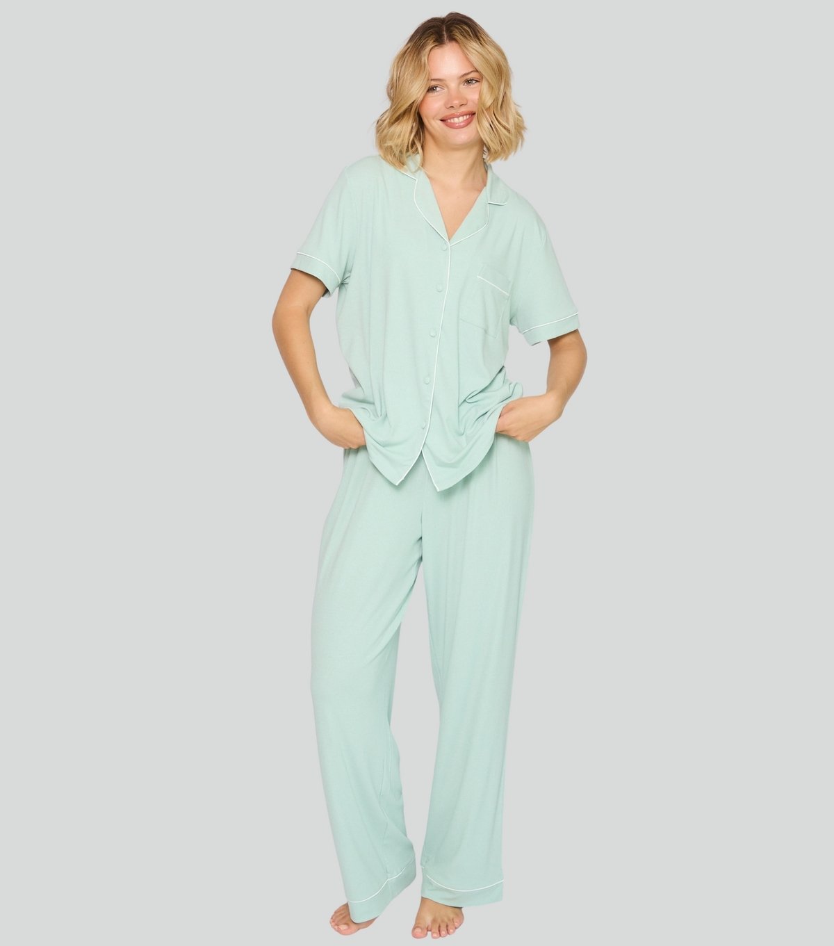 Loungeable Women's Green Ribbed Short Sleeve Shirt and Trousers Pyjama Set Loungeable New Look - 4