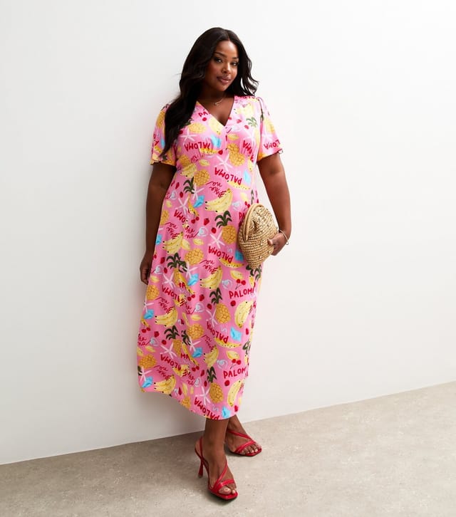 New Look Women's Plus Size Pink Tropical Print Short Sleeve Midi Tea Dress Curves New Look - 3