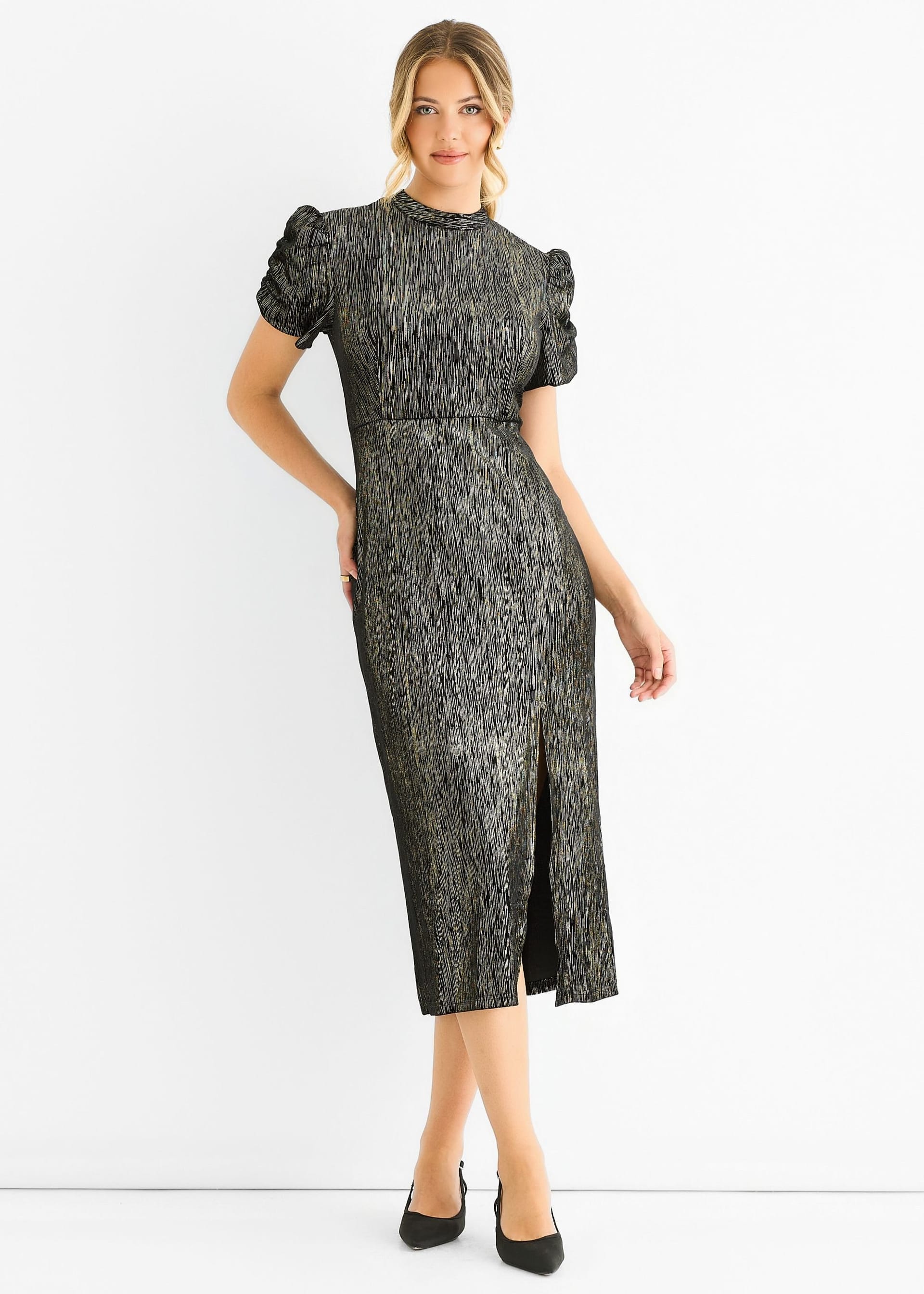 Gini London Women's Black Foil Velour Midi Dress