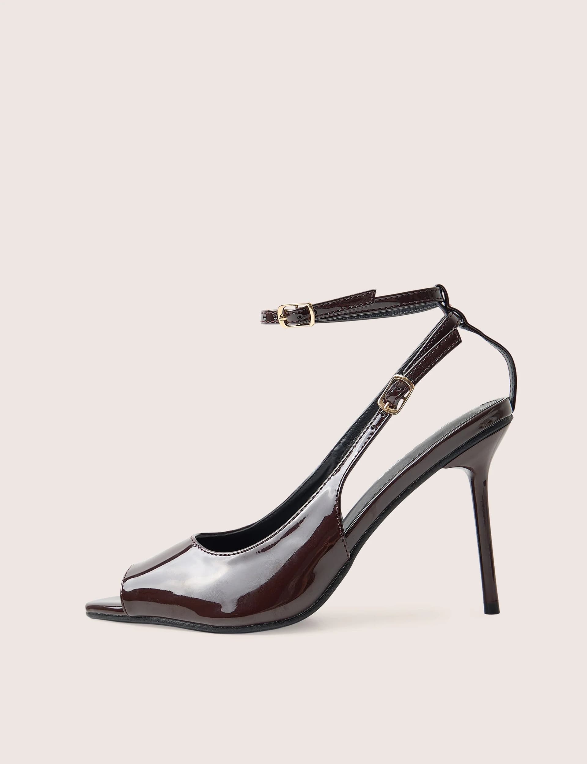 Public Desire Chiara Chocolate Patent Ankle Strap Peep Toe Heels