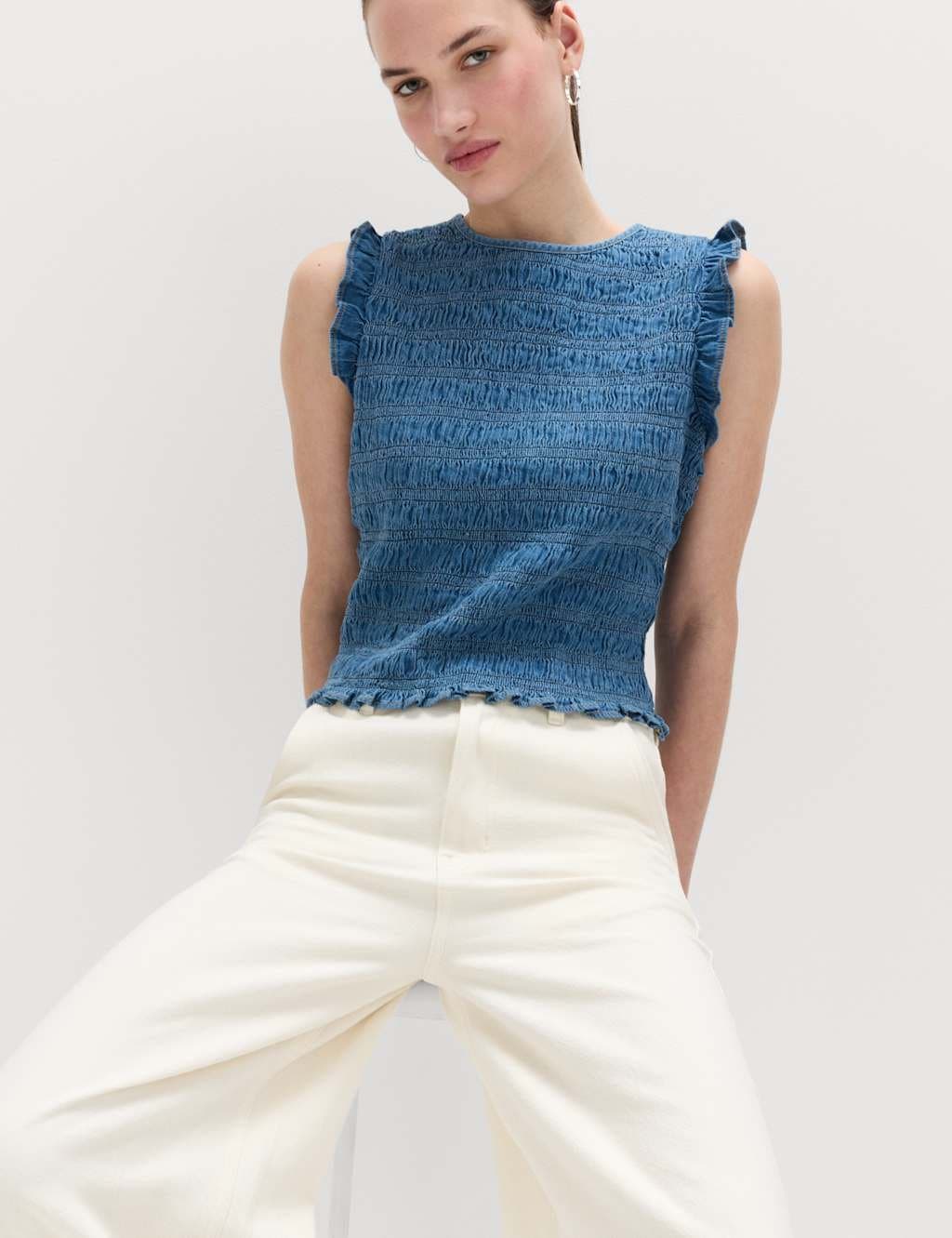 Marks & Spencer M&S Denim Shirred Tank Top Blue Denim