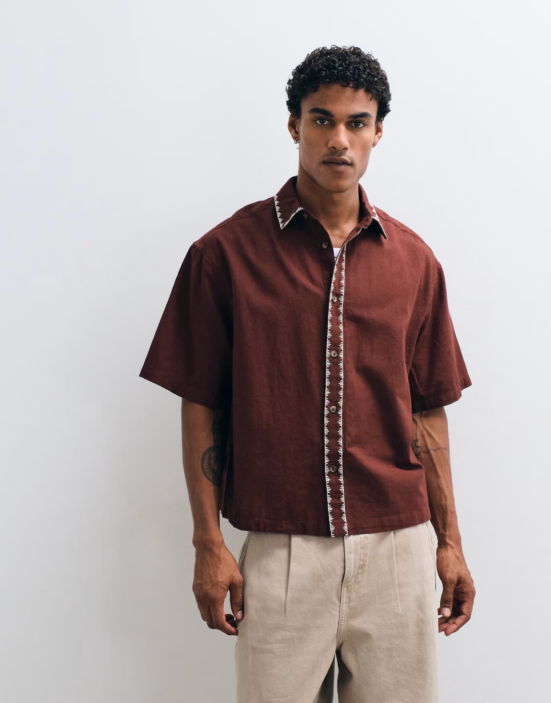 ASOS ASOS DESIGN boxy oversized shirt with linen and embroidery in brown