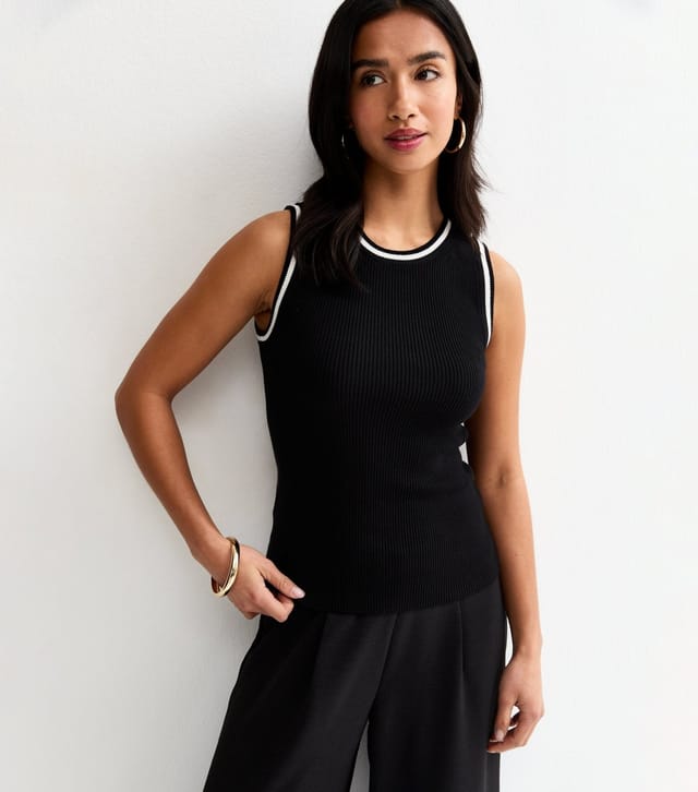 New Look Women's Petite Black Contrast Tipping Ribbed Vest New Look - 2