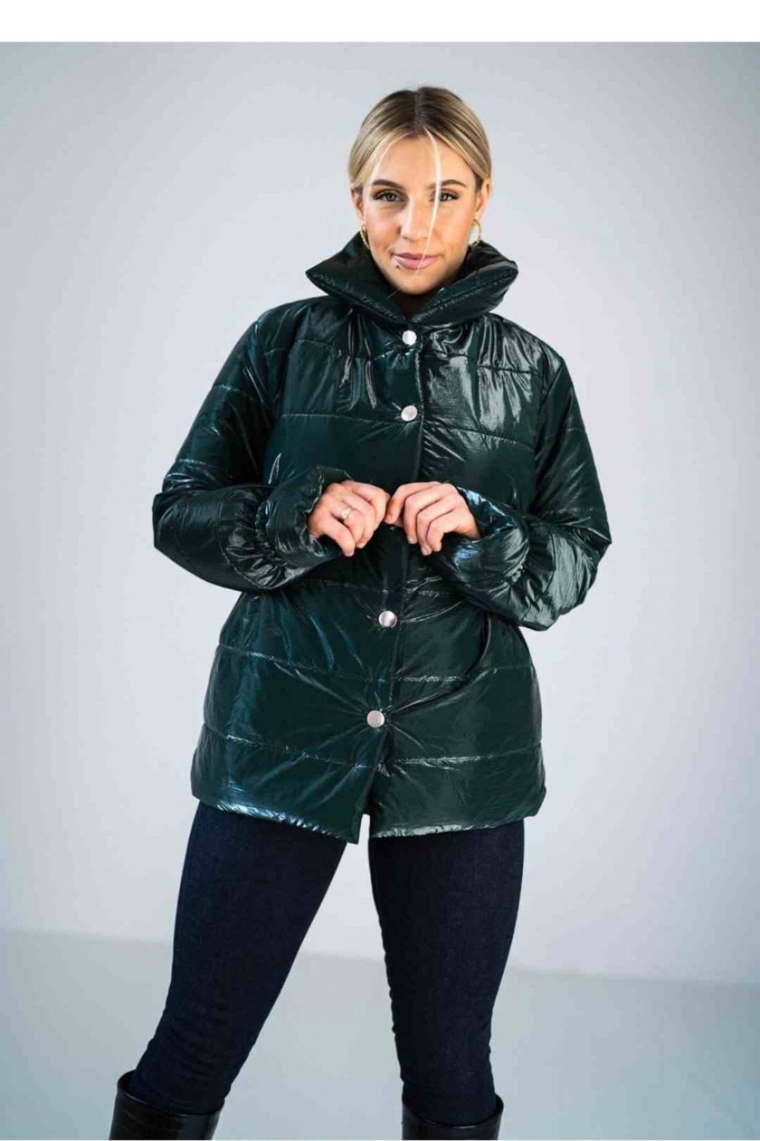 Love Lace Love Lace Green Shiny Quilted High Collar Hip Jacket