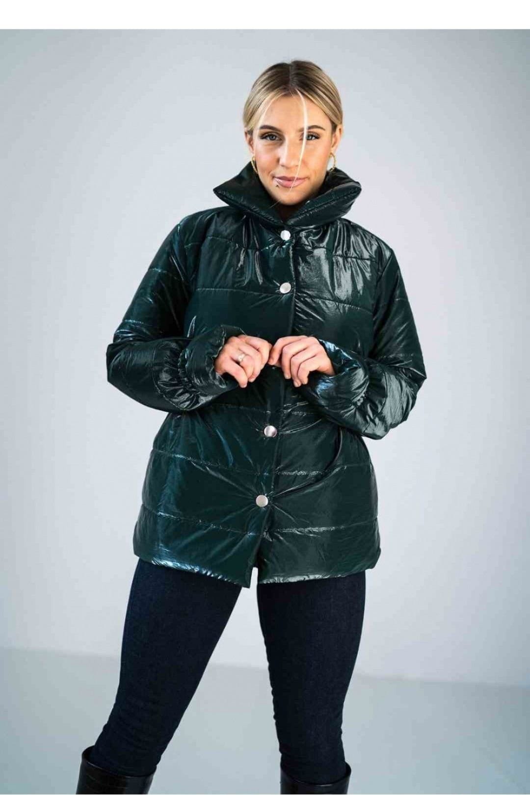 Love Lace Green Shiny Quilted High Collar Hip Jacket
