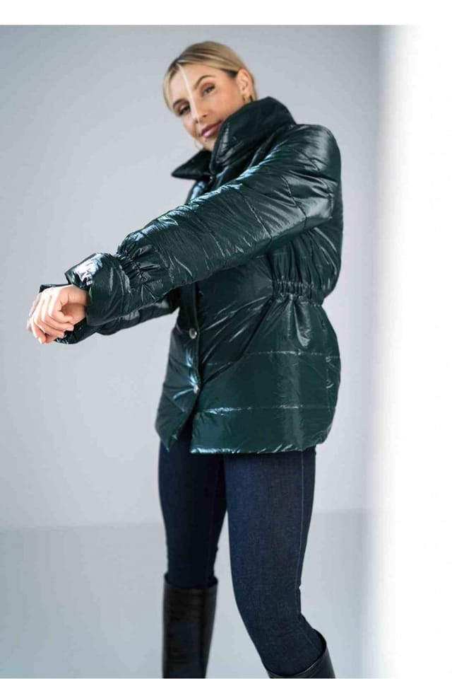 Love Lace Love Lace Women's Shiny Quilted High Collar Hip Jacket in Green - 2