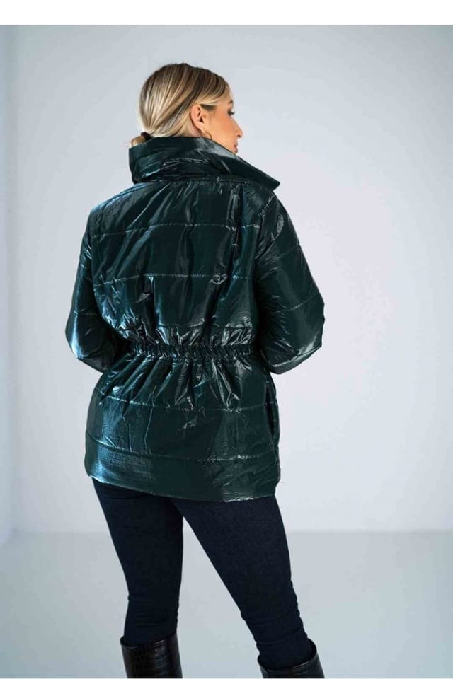 Love Lace Love Lace Women's Shiny Quilted High Collar Hip Jacket in Green - 3