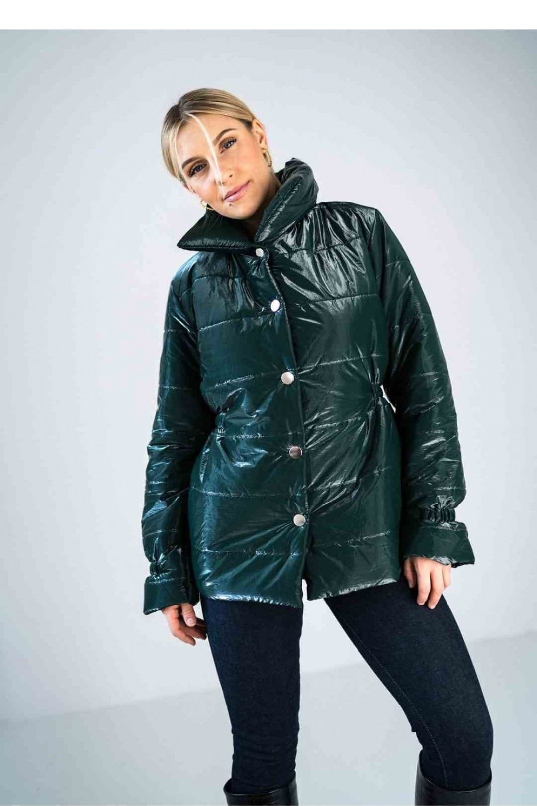 Love Lace Love Lace Women's Shiny Quilted High Collar Hip Jacket in Green - 4