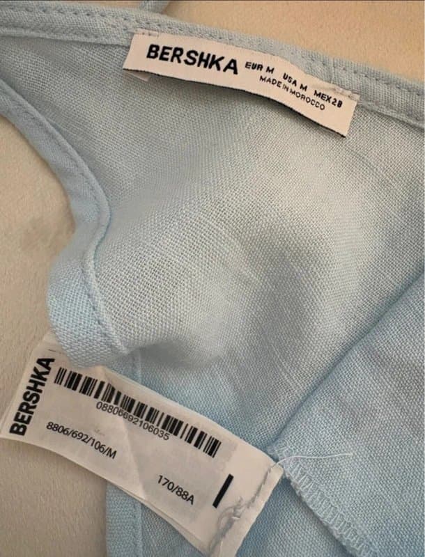 Bershka Bershka Baby Blue Linen Blend Tie Back Cami Top Open Back Summer Crop Top Size M