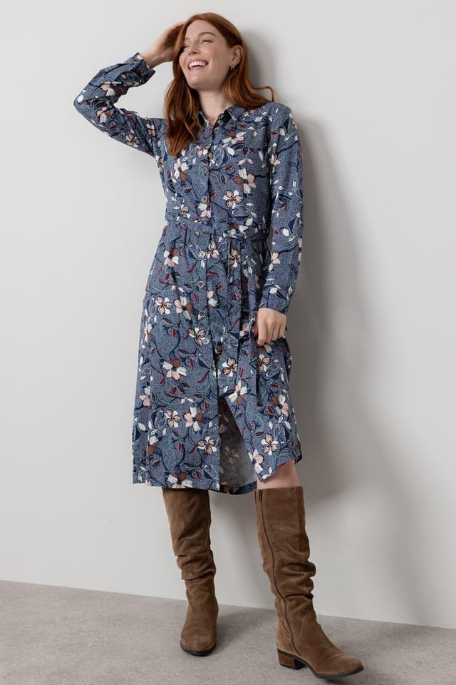 Lily & Me Lily & Me Women's Anya Printed Midi Shirt Dress with Full length cuffed sleeves in Navy - 2