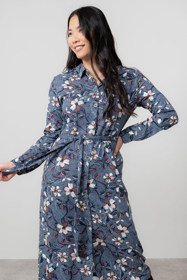 Lily & Me Lily & Me Women's Anya Printed Midi Shirt Dress with Full length cuffed sleeves in Navy - 3