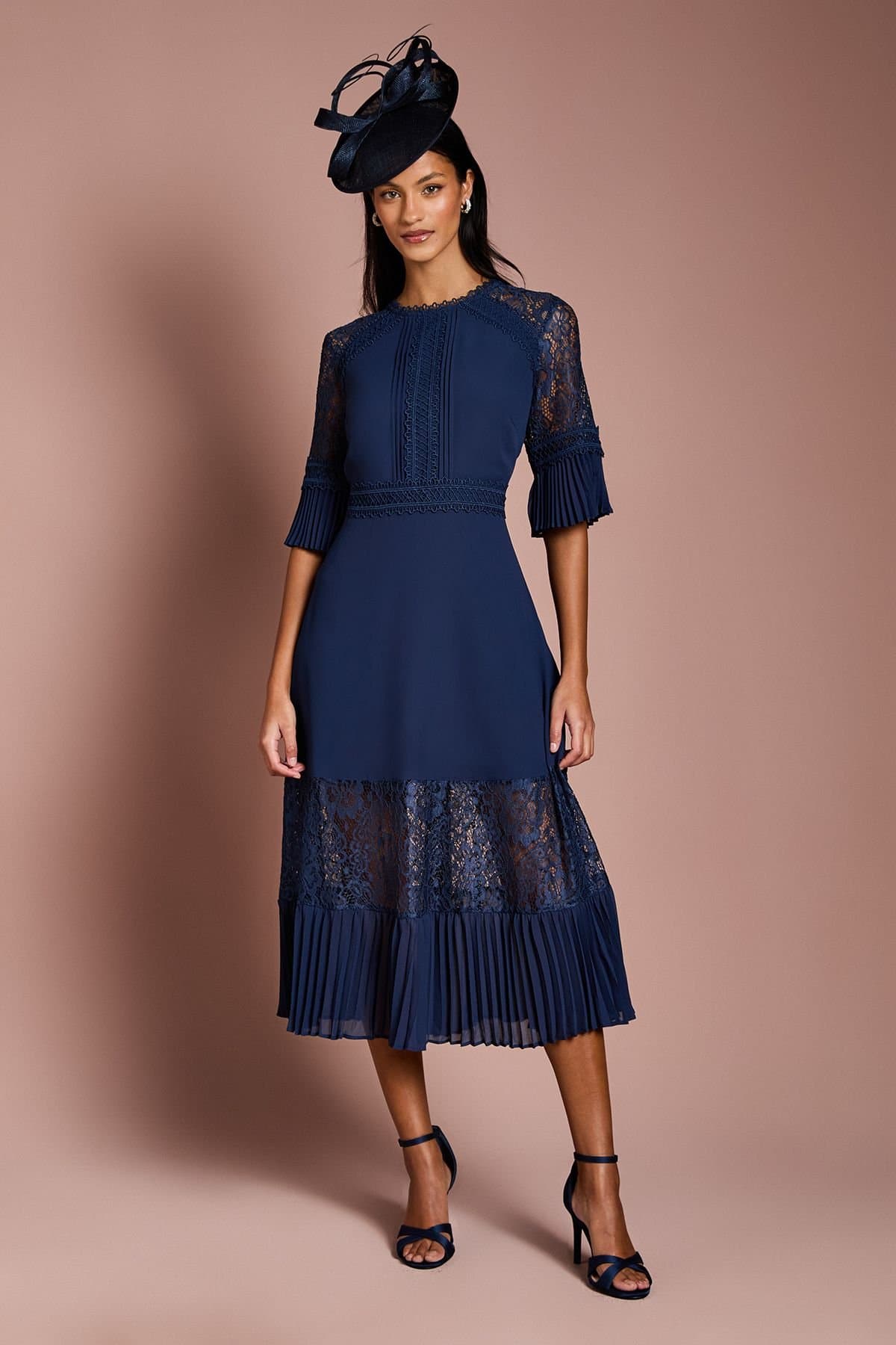 Coast Coast Women's Petite Lace Insert Midi Dress in Navy