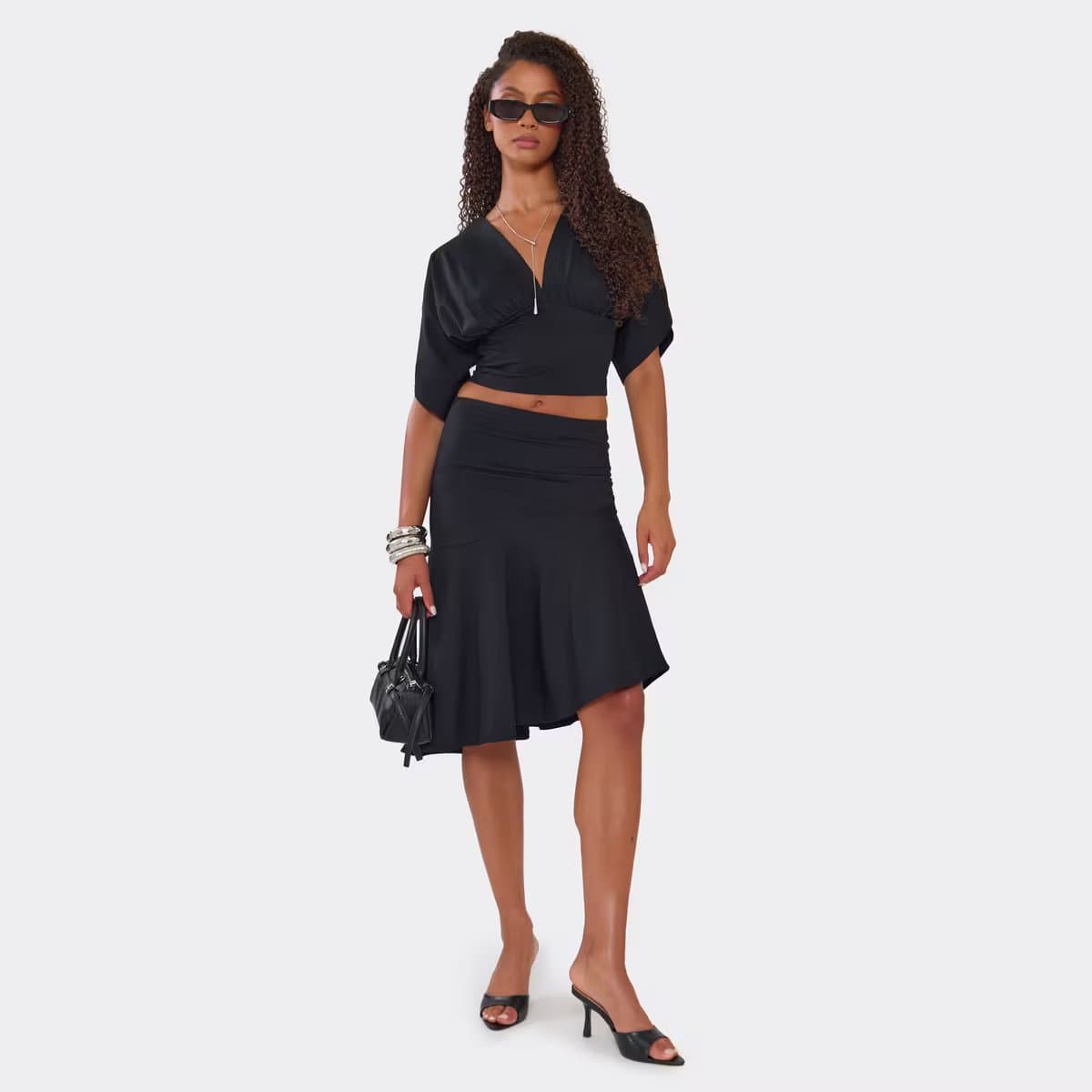 EGO Asymmetric Hem Frill Detail Midi Skirt In Black, Women's Size UK 6