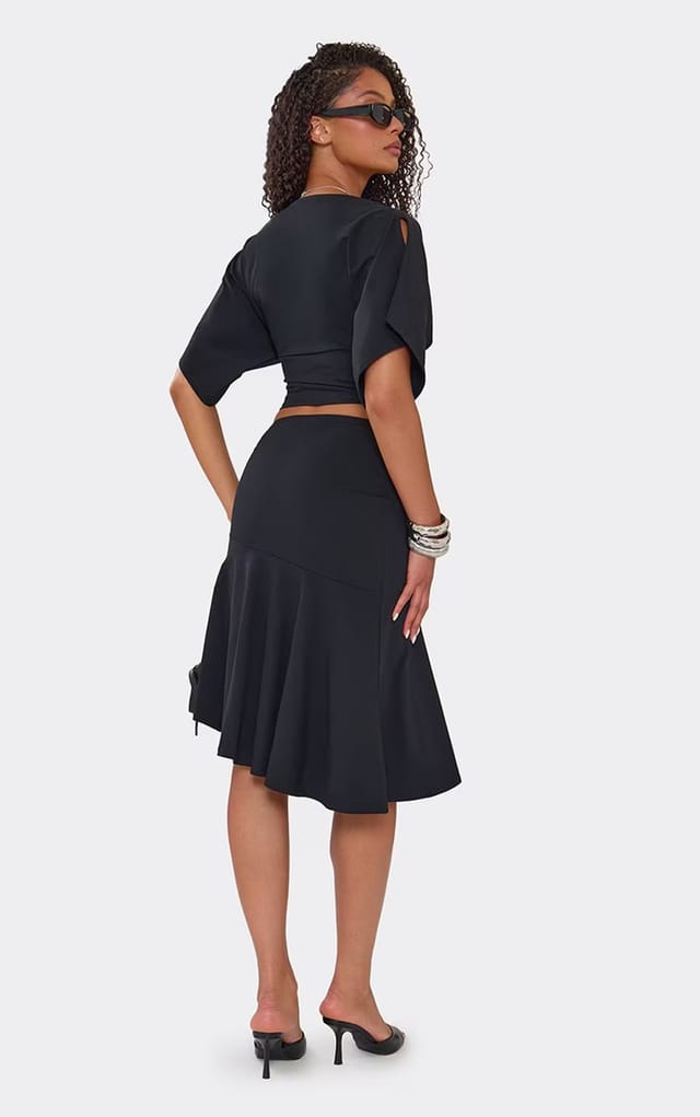 EGO Asymmetric Hem Frill Detail Midi Skirt In Black, Women's Size UK 6 - 2