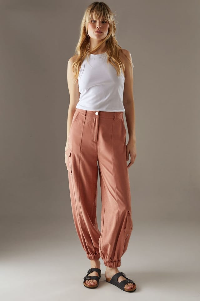 Warehouse Warehouse Women's Peach Satin Utility Eyelet Detail Cuffed Trousers in Rust - 2