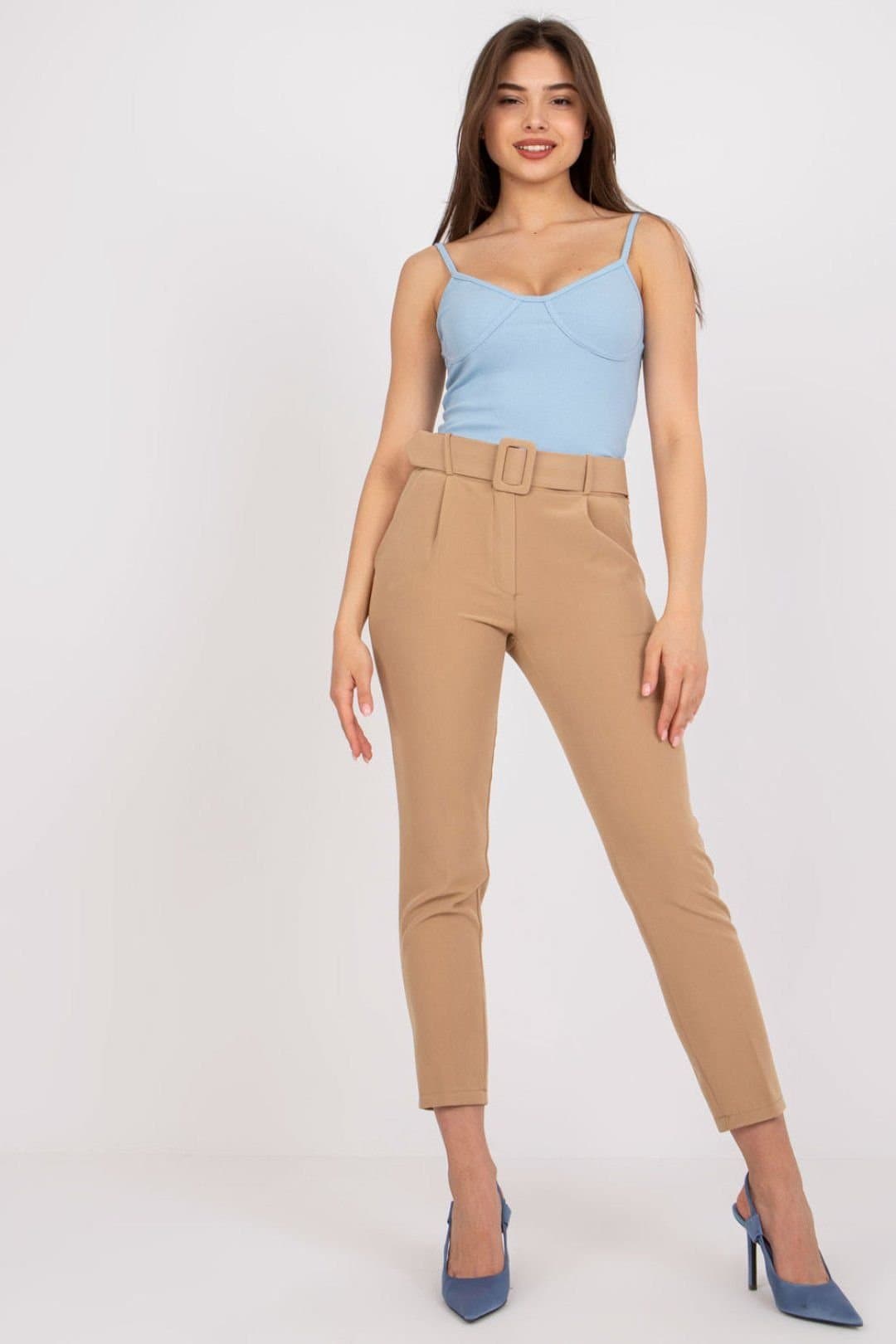 Love Lace Love Lace Women's High Waisted Zip Button Pants with Belt Pockets in Camel