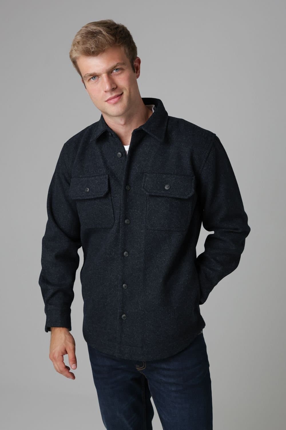 Tokyo Laundry Tokyo Laundry Men's Brushed Back Fleece Long Sleeve Shirt in Dark Blue