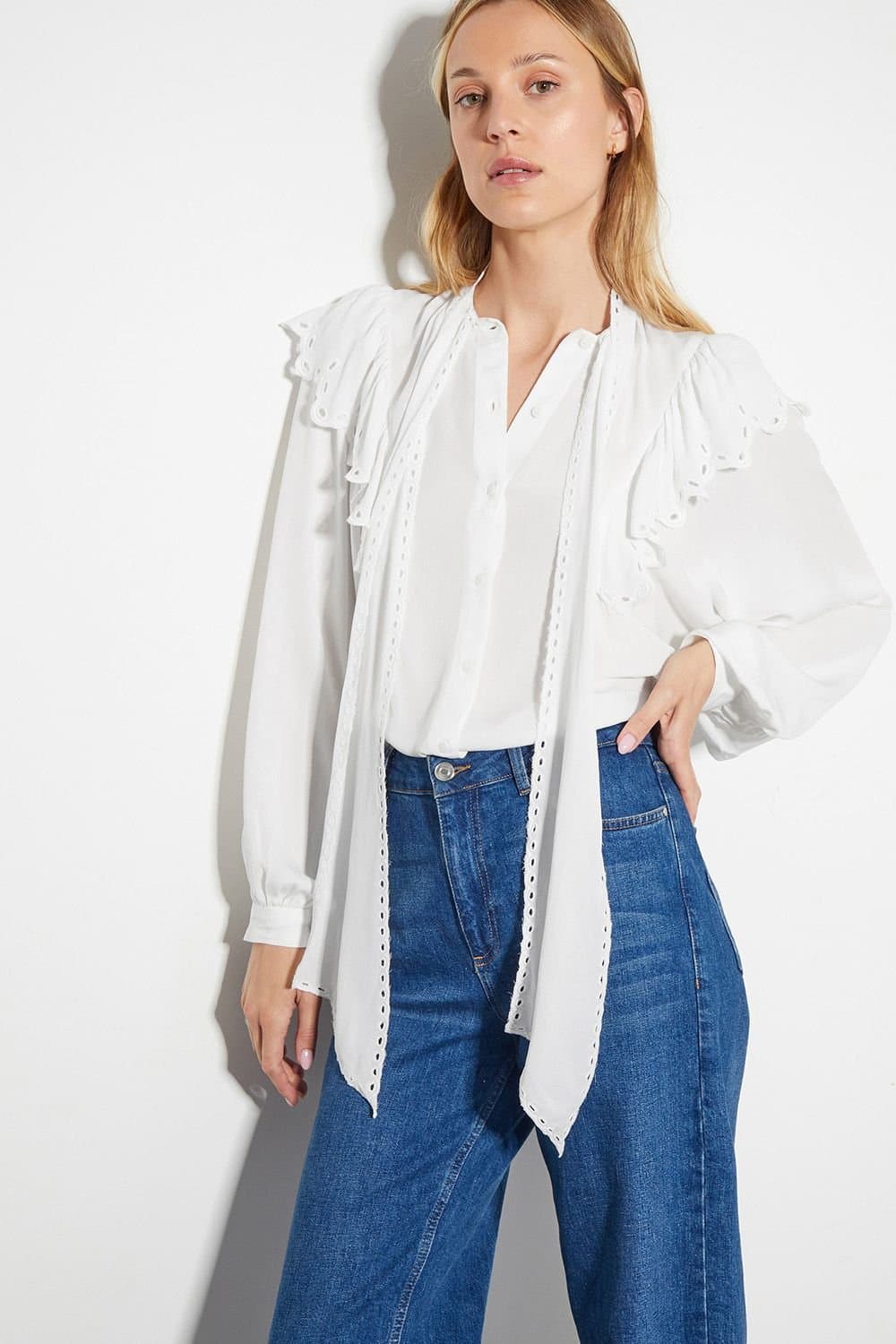 Monsoon Monsoon Women's Cassie Broderie Frill Tie-Neck Blouse Ivory