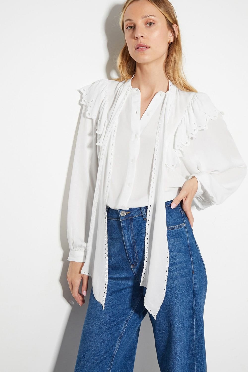 Monsoon Monsoon Women's Cassie Broderie Frill Tie-Neck Blouse Ivory - 1