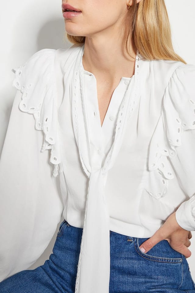 Monsoon Monsoon Women's Cassie Broderie Frill Tie-Neck Blouse Ivory - 2