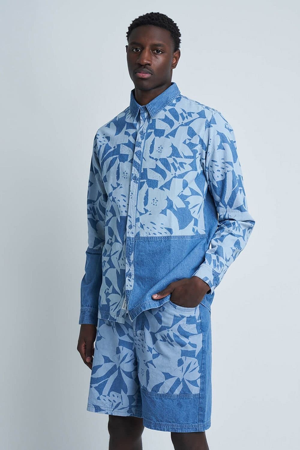 Native Youth Native Youth Men's Cotton Long Sleeve Lightweight Patchwork Relaxed Shirt in Blue