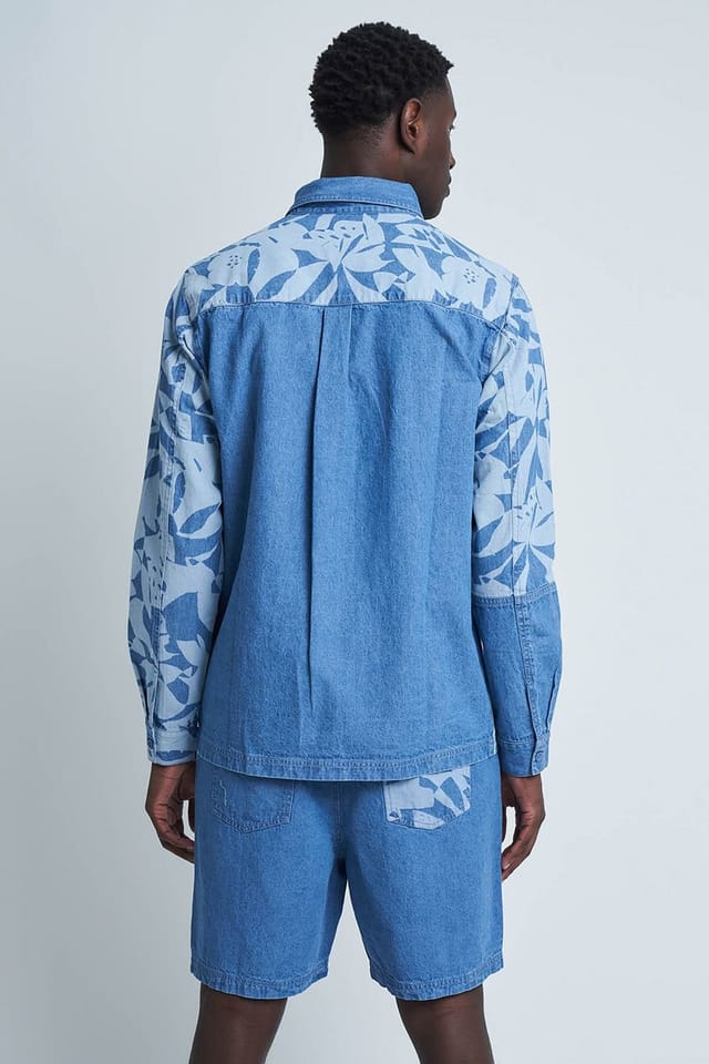 Native Youth Native Youth Men's Cotton Long Sleeve Lightweight Patchwork Relaxed Shirt in Blue - 2