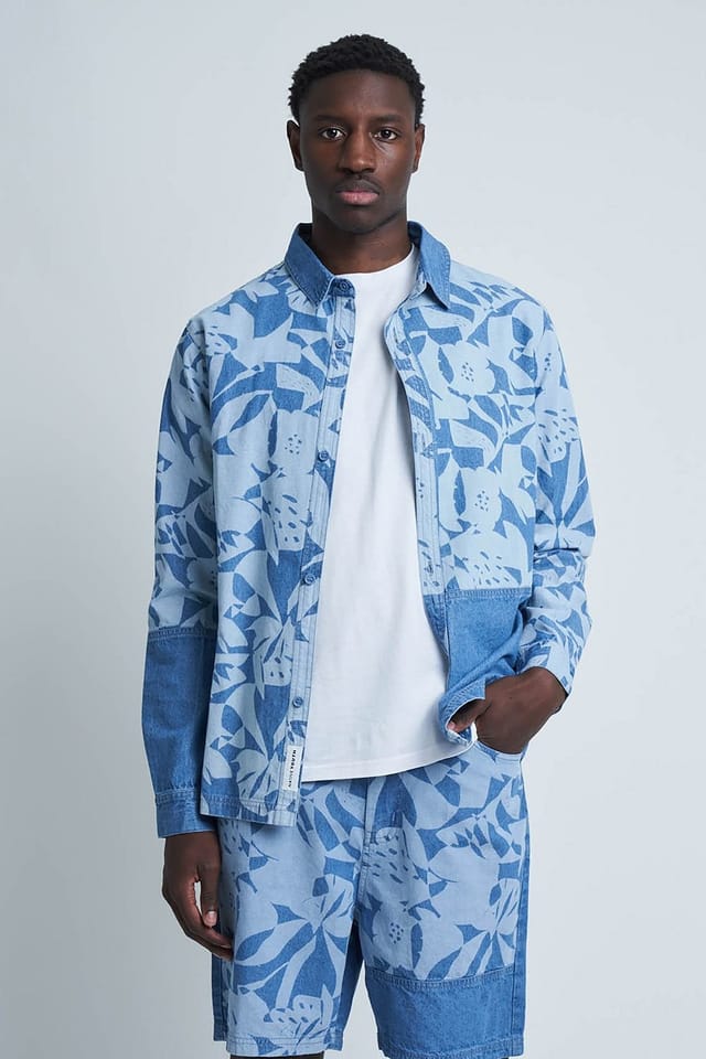 Native Youth Native Youth Men's Cotton Long Sleeve Lightweight Patchwork Relaxed Shirt in Blue - 3