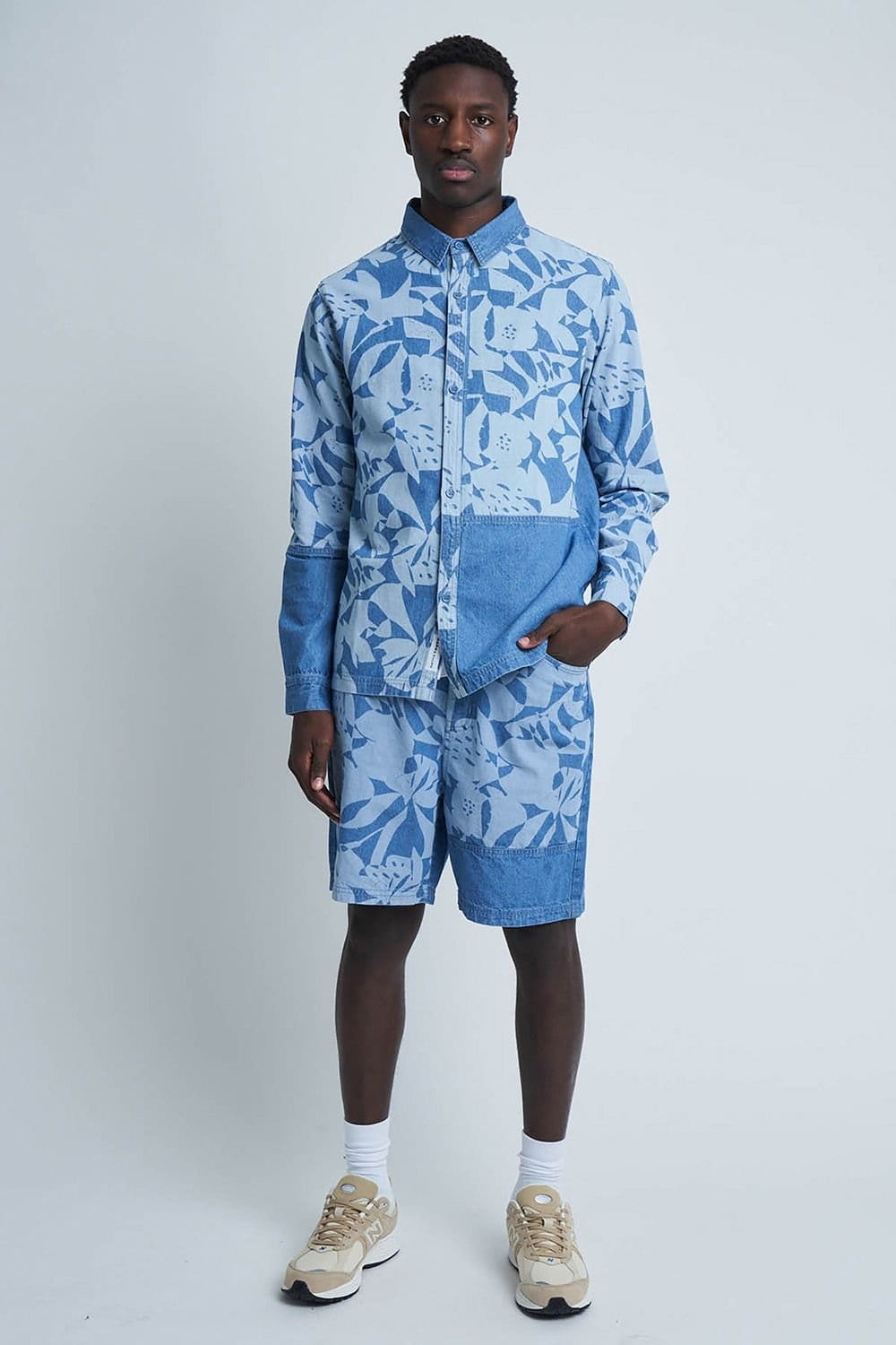 Native Youth Native Youth Men's Cotton Long Sleeve Lightweight Patchwork Relaxed Shirt in Blue - 4