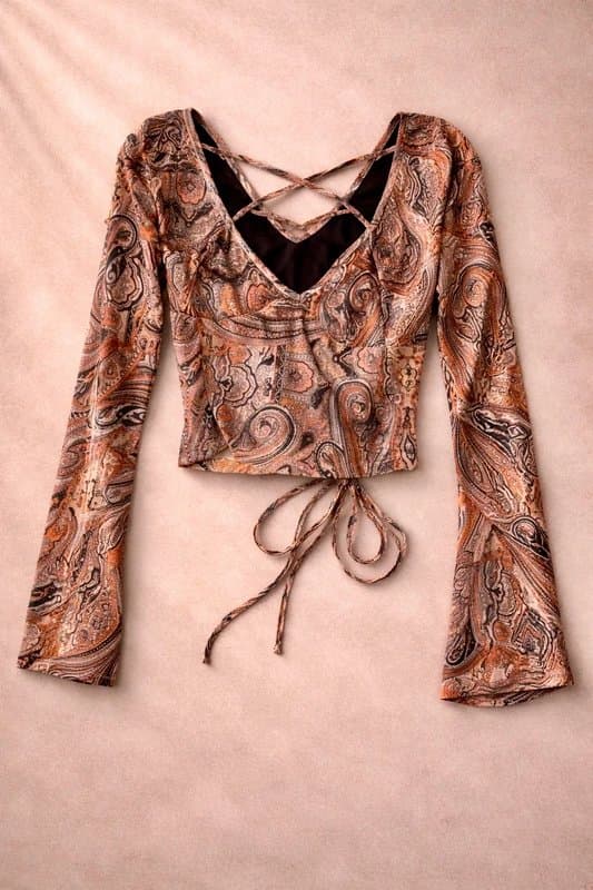 Bershka Bershka Paisley Lace-Up Back Crop Top – Y2K Boho – EUR S (UK 6–8)