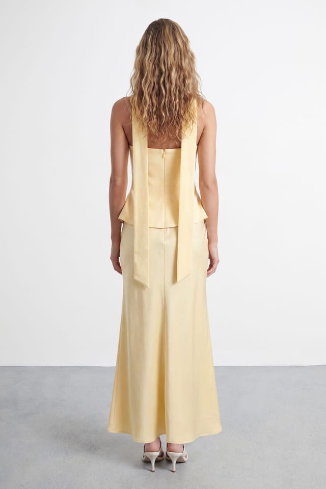 Warehouse Warehouse Women's Petite Strapless Structured Bodice Satin Midi Dress in Lemon - 2