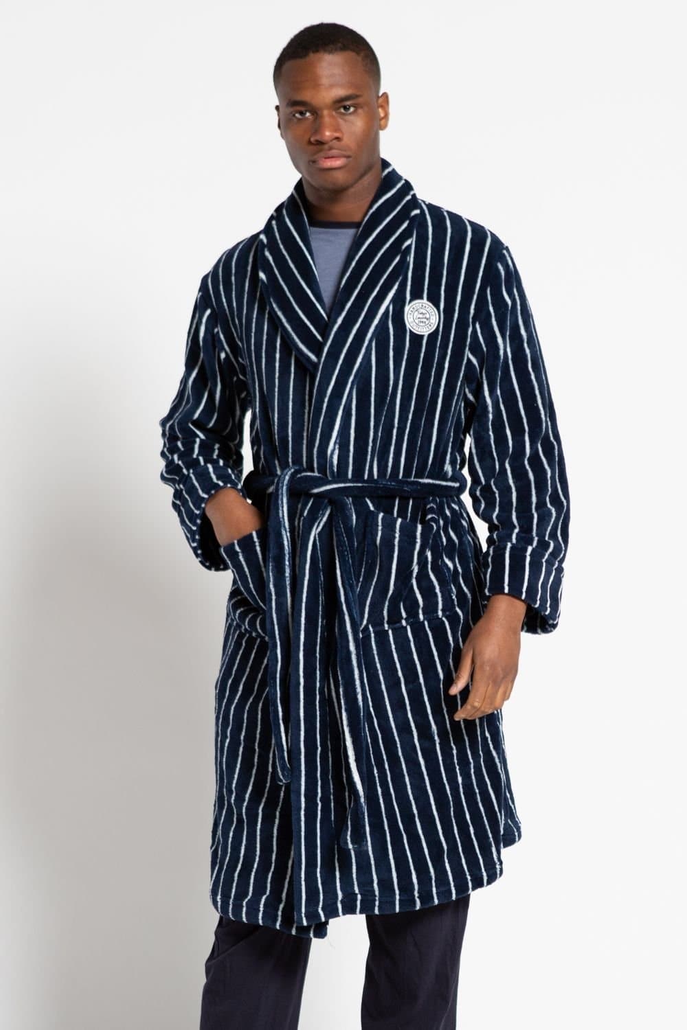 Tokyo Laundry Tokyo Laundry Men's Striped Fleece Dressing Gown in Navy