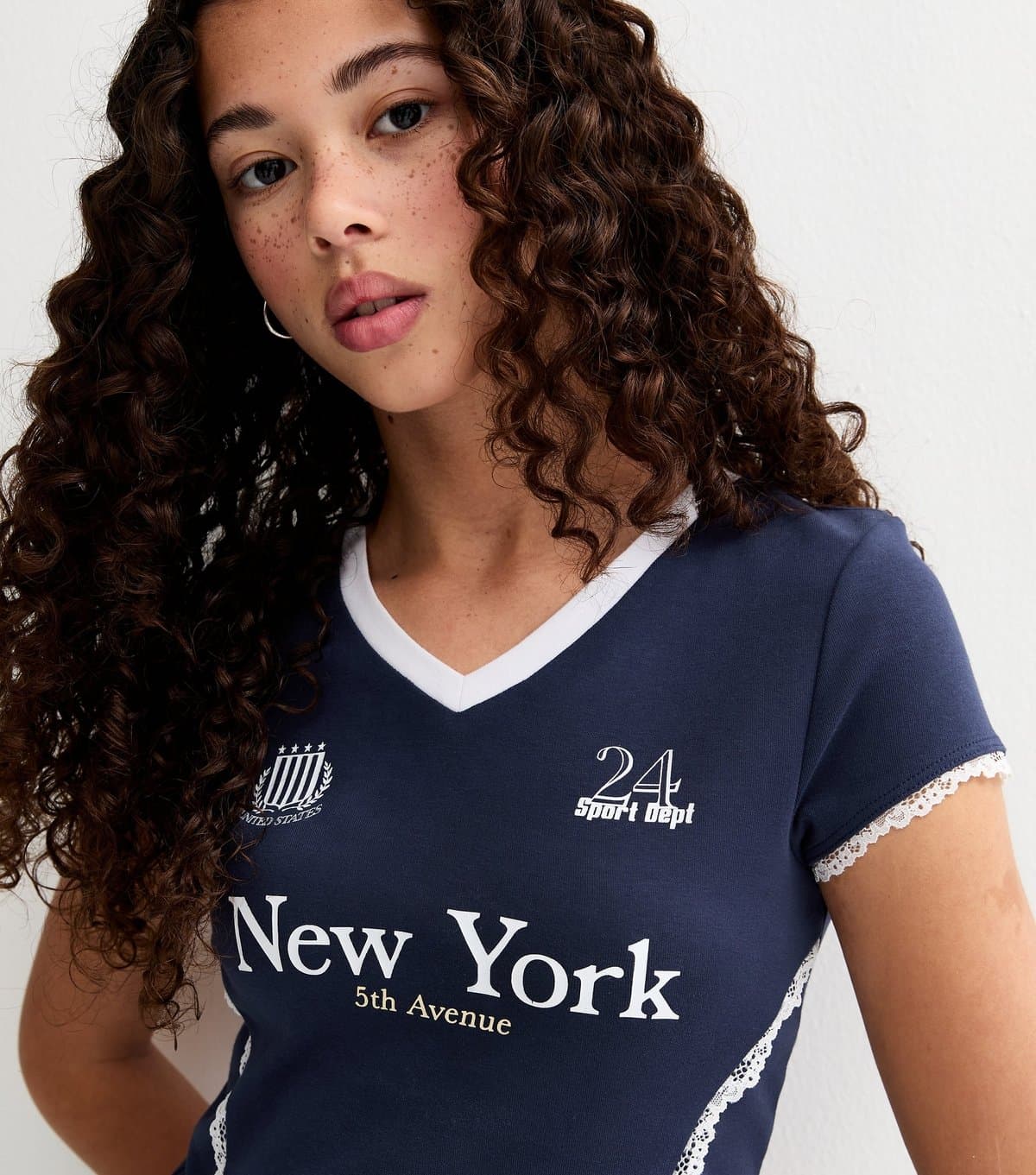 New Look Girls' Navy New York 24 Lace Fitted Football Top New Look